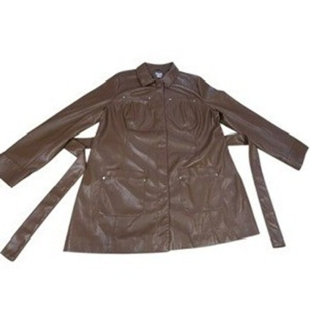 Chico's Faux Leather Belted Trench Jacket Ginger Brown Snap Front Size 12 M/L
